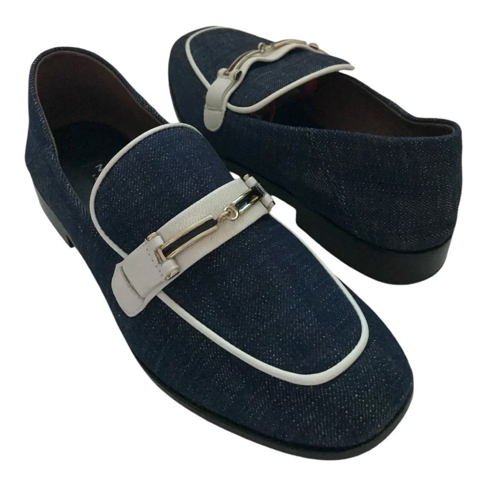 Newbark Melanie White Leather Trimmed Dark Navy Denim Loafers Size 7